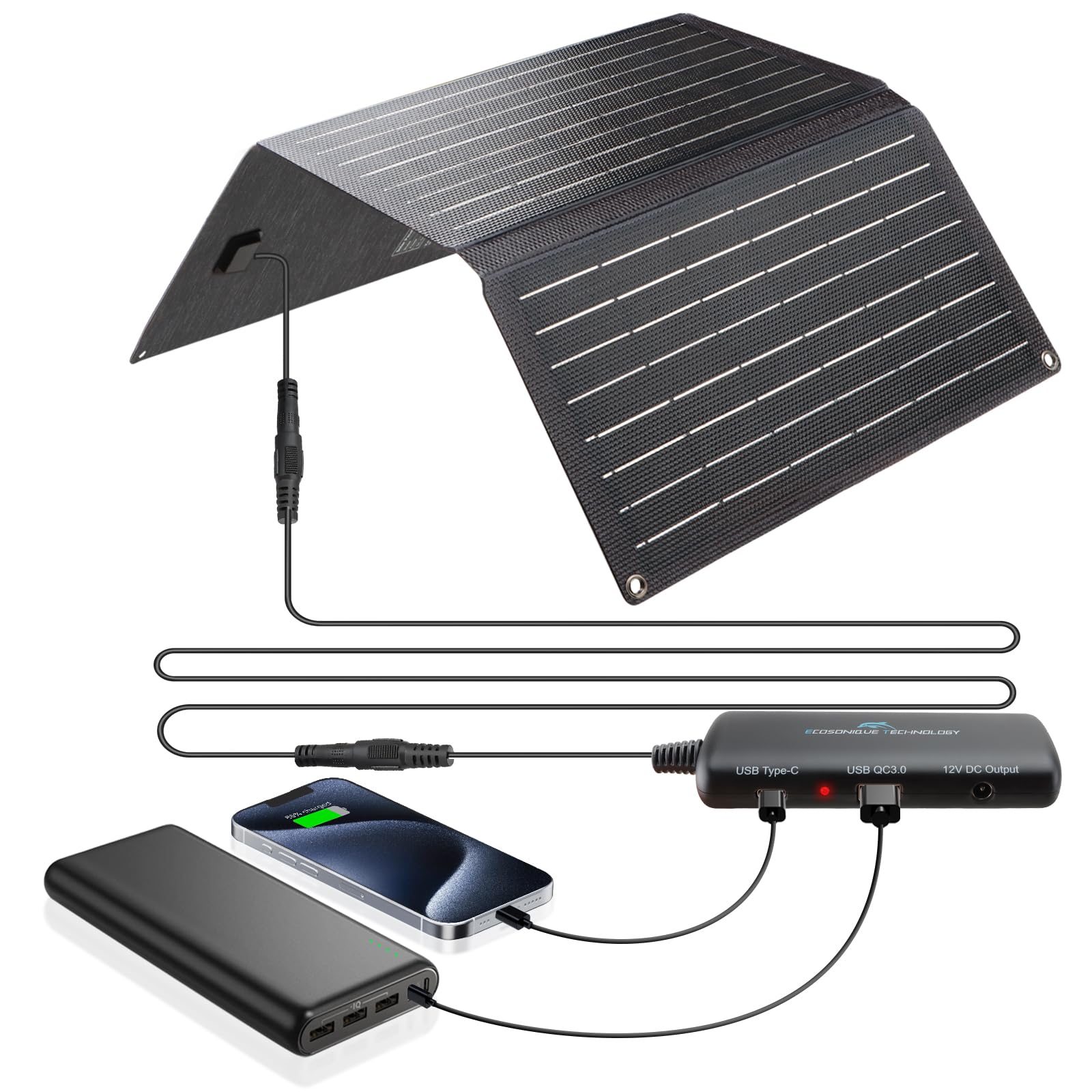 Ecosonique 100 W opvouwbare zonne-oplader, draagbare oplader op zonne-energie, snel opladen met USB-C PD3.0 USB-A QC3.0 DC 20 V, licht met standaard voor camping, stroomstation, zonne-generatoren