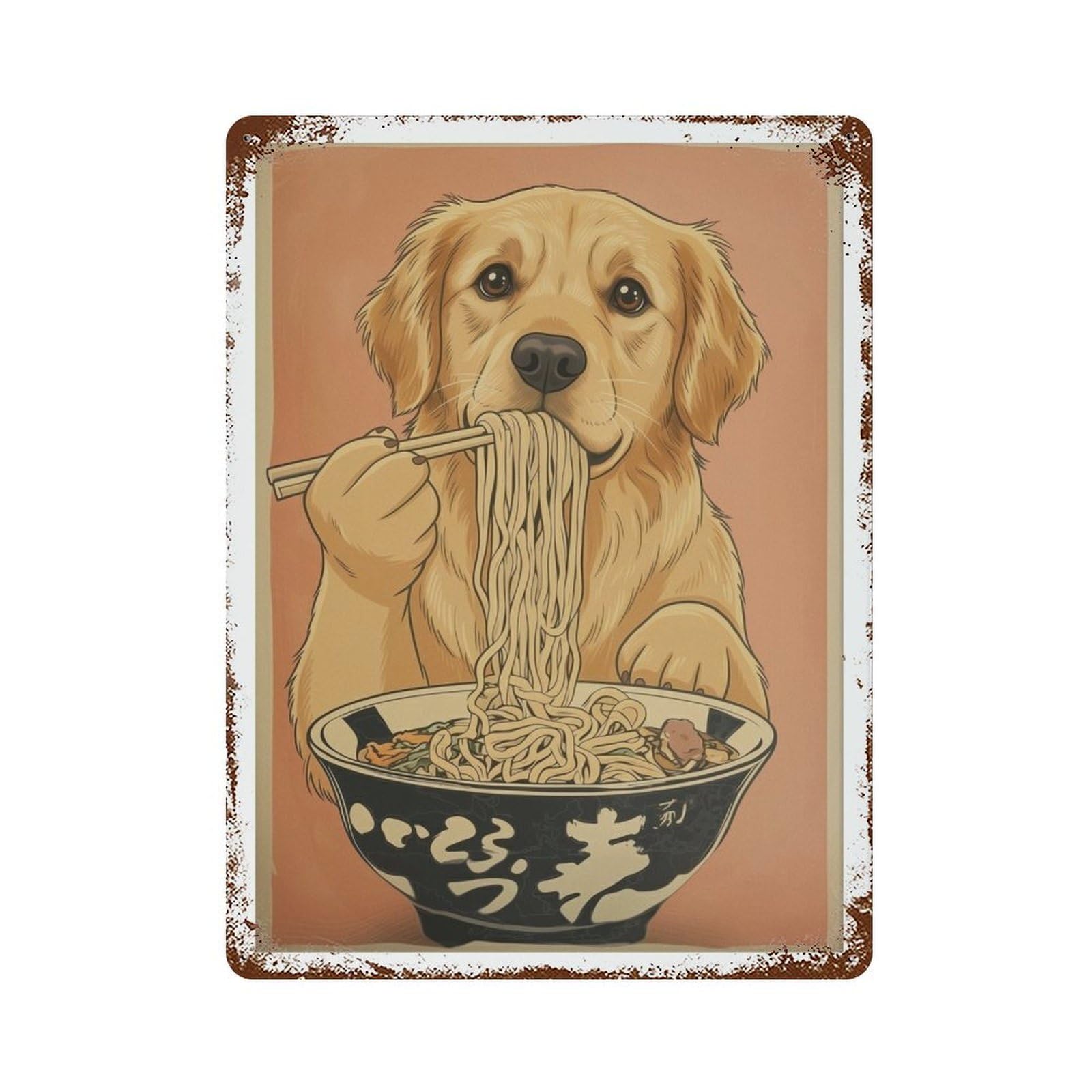 xiaoxiaoshen Golden Retriever Ramen Japanese Inspired Vintage Dog Eating Noodles Wall Decor Art Metal Tin Poster Modern Home Decor Art Home Bar Shop Decorations Vintage Sign 40x30cm