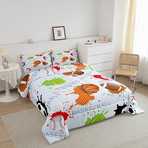 Miniatura 2 de Juego de edredón de béisbol tamaño individual, juego de ropa de cama de baloncesto con dibujos animados para niños, juegos deportivos, edredón de