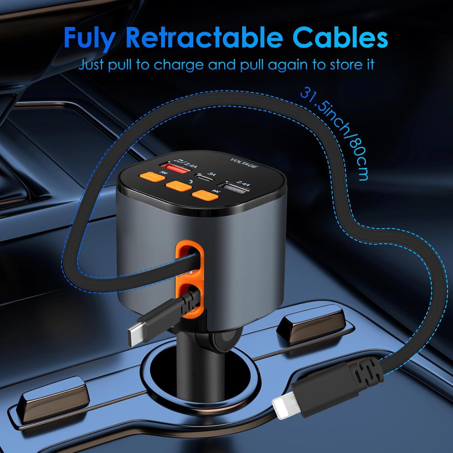 Einziehbares Autoladegerät, 5 in 1 Schnellladegerät, 90W Schnellladegerät, Bluetooth 5.3 FM Transmitter Adapter, Freisprechen, 2 einziehbare Kabel und USB-Ladegeräte für iPhone 15/14/13