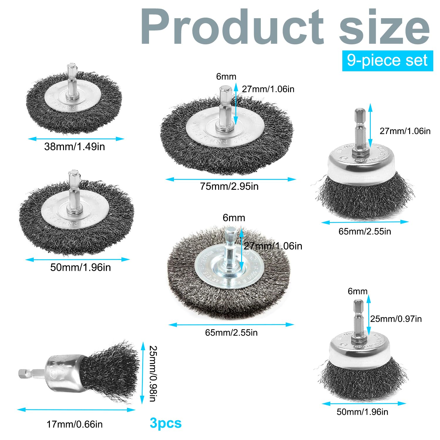 9 Pcs Brosse Métallique Meuleuse, 6mm Brosse Perceuse Nettoyage