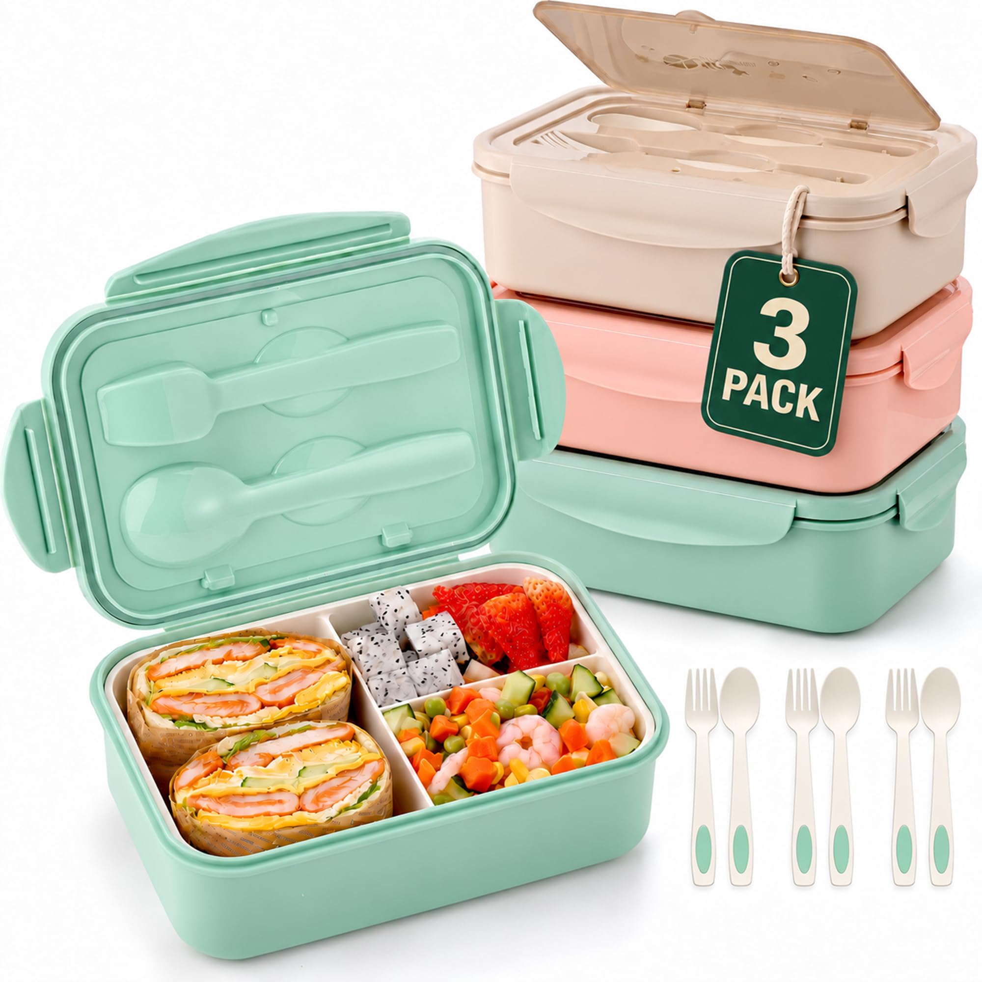 3 Pack Bento Boxes for Adults/Kids, 1100 ML Bento Lunch Box With Spoon & Fork, Lunch Box Containers, Bento Box for Dining Out, Work, Picnic, BPA-Free, Microwave & Dishwasher Safe