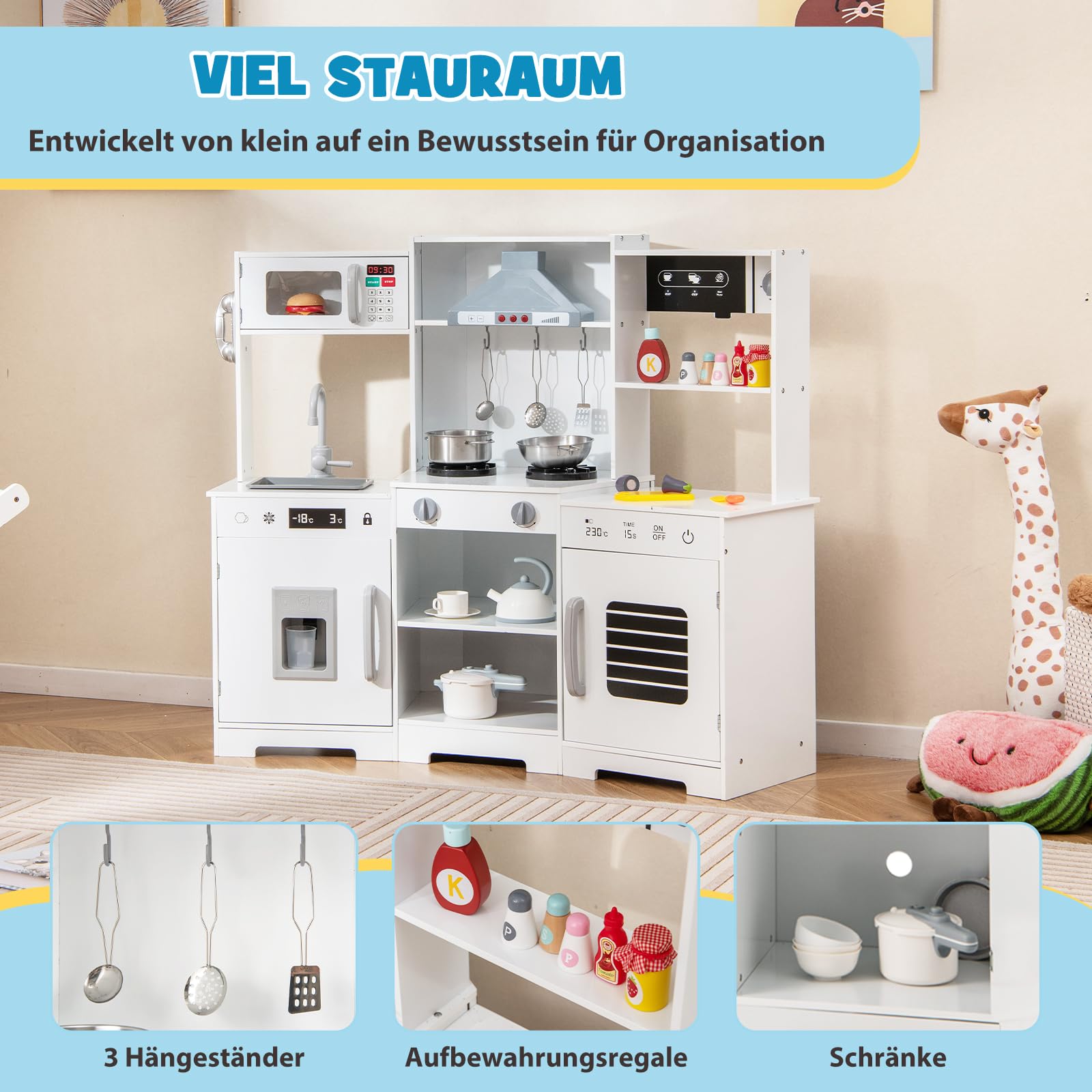 GOPLUS Kinderküche Holz, Spielküche Kinder mit Licht und Sound, Spielzeugküche mit Zubehör, Dunstabzugshaube, Eismaschine, Spüle, Mikrowelle & Ofen, Kinderspielküche für Kinder ab 3 Jahren (Weiß)