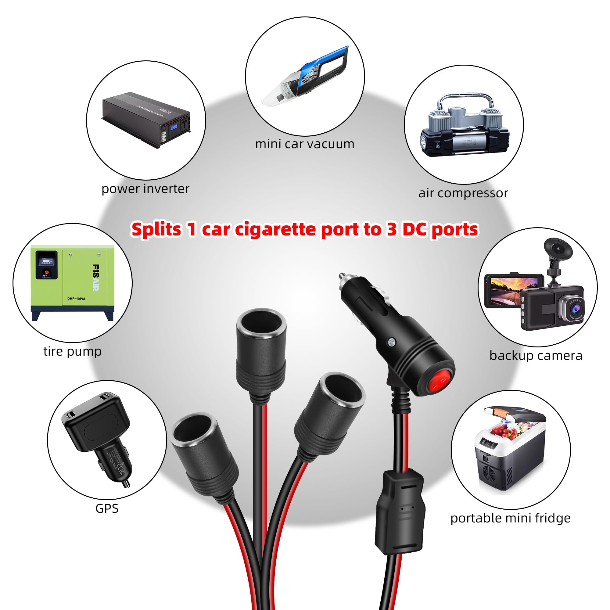GELRHONR Rozdzielacz zapalniczki samochodowej 12V Kabel adaptera zasilania, Wtyczka męska Przedłużacz zapalniczki samochodowej z przełącznikiem ON OFF Bezpiecznik 15A (30CM 1 na 3)