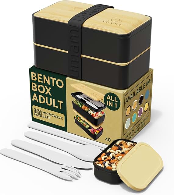 Umami Bento Box Adult All-In-1 w/4 Utensils, Big Sauce Jar, 2 Dividers, ...