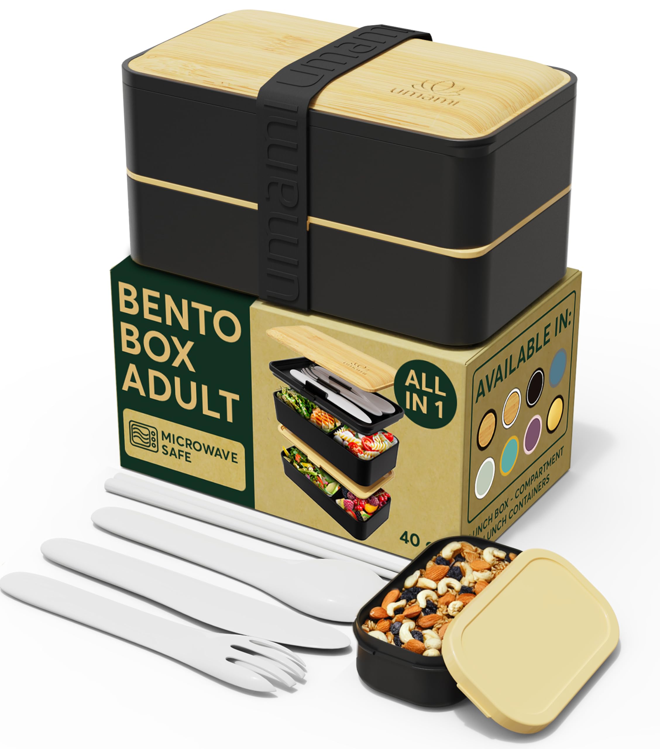 Umami Bento Box Adult All-In-1 w/ 4 Utensils 100% Leakproof, Microwave & Dishwasher Safe Lunch Containers for Adults w/ 4 Compartments, Bento Lunch Box Containers w/Premium Real Bamboo Lid L - 40 oz Black & Bamboo - L