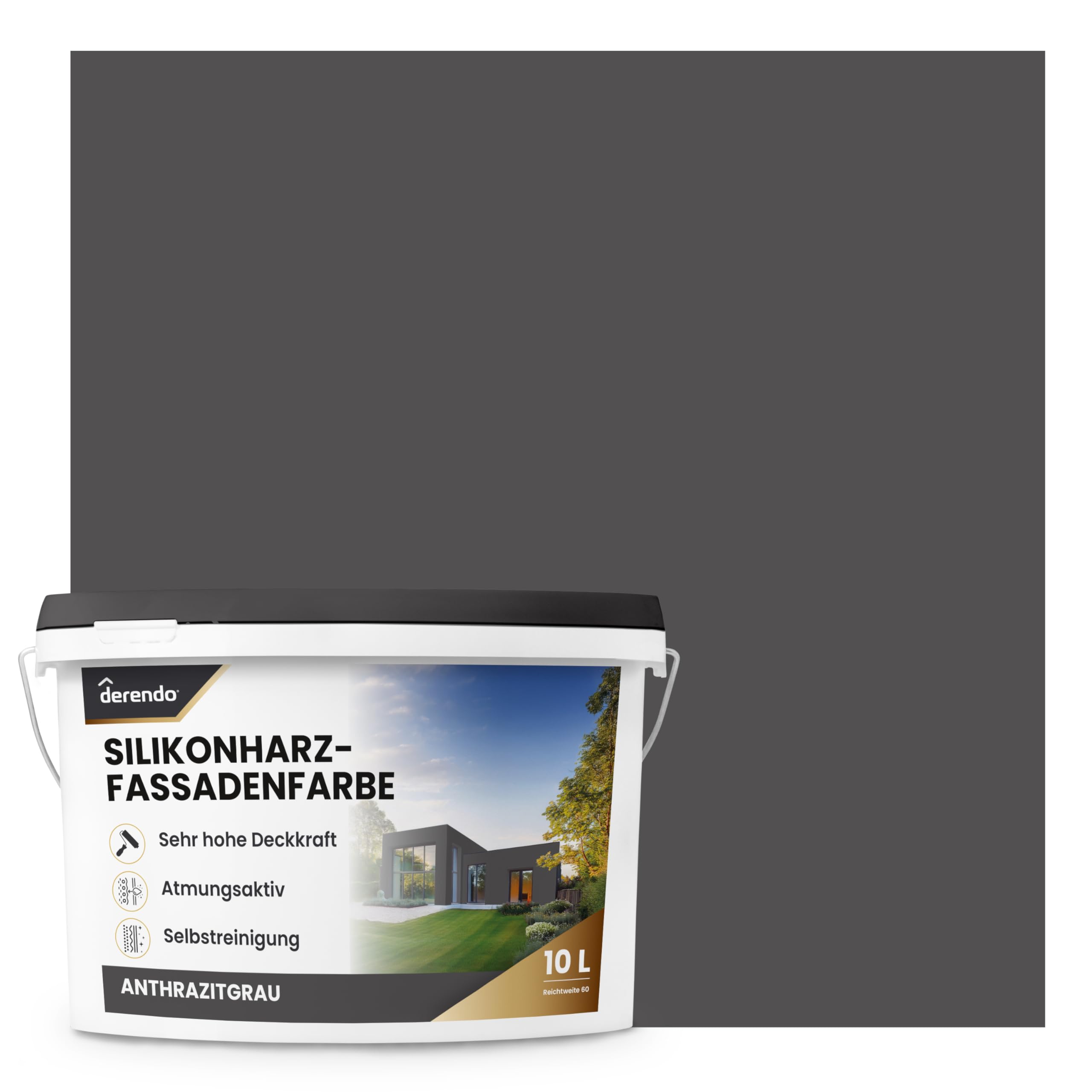 derendo Fassadenfarbe Grau Silikonharzfarbe matt Anthrazit aussen 5l | Für Putz Beton, Abperleffekt, wasserabweisend, UV-beständig, hohe Deckkraft, rissfüllend, diffusionsoffen, Made in Germany,