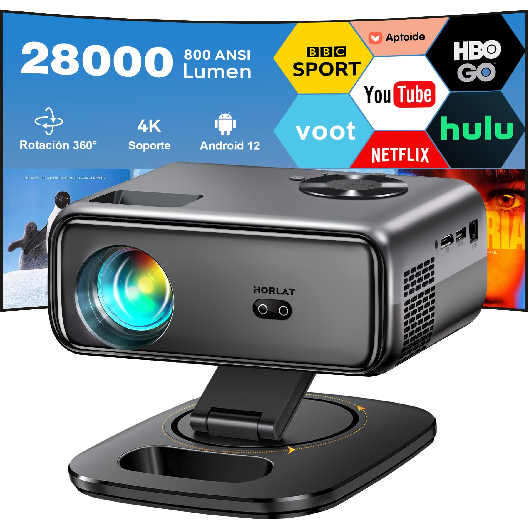 Proyector Portátil【Android TV & Auto Corrección】 Horlat 4K Soporte 6G WiFi Bluetooth,28000 Lúmenes 300'' Display Proyector, con una Aplicación Incorporada Netflix,Youtube,Prime Video +7000 APPS