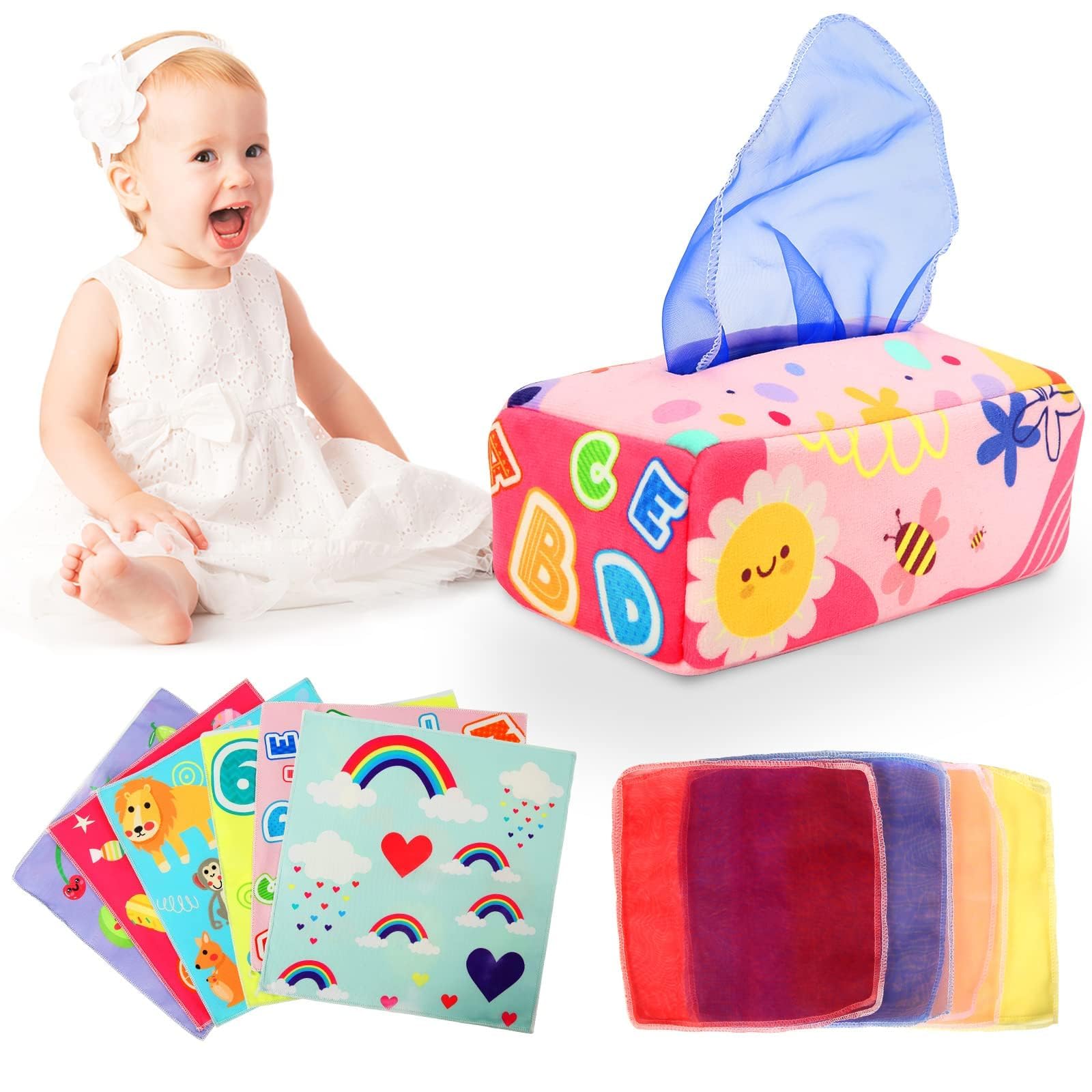 Baby Tissue Box - Montessori Toys for 6-12 Months, 1 Year Old - Soft Stuffed High Contrast Crinkle Infant Sensory Toy, Boys&Girls Toddler Early Learning Baby Gifts