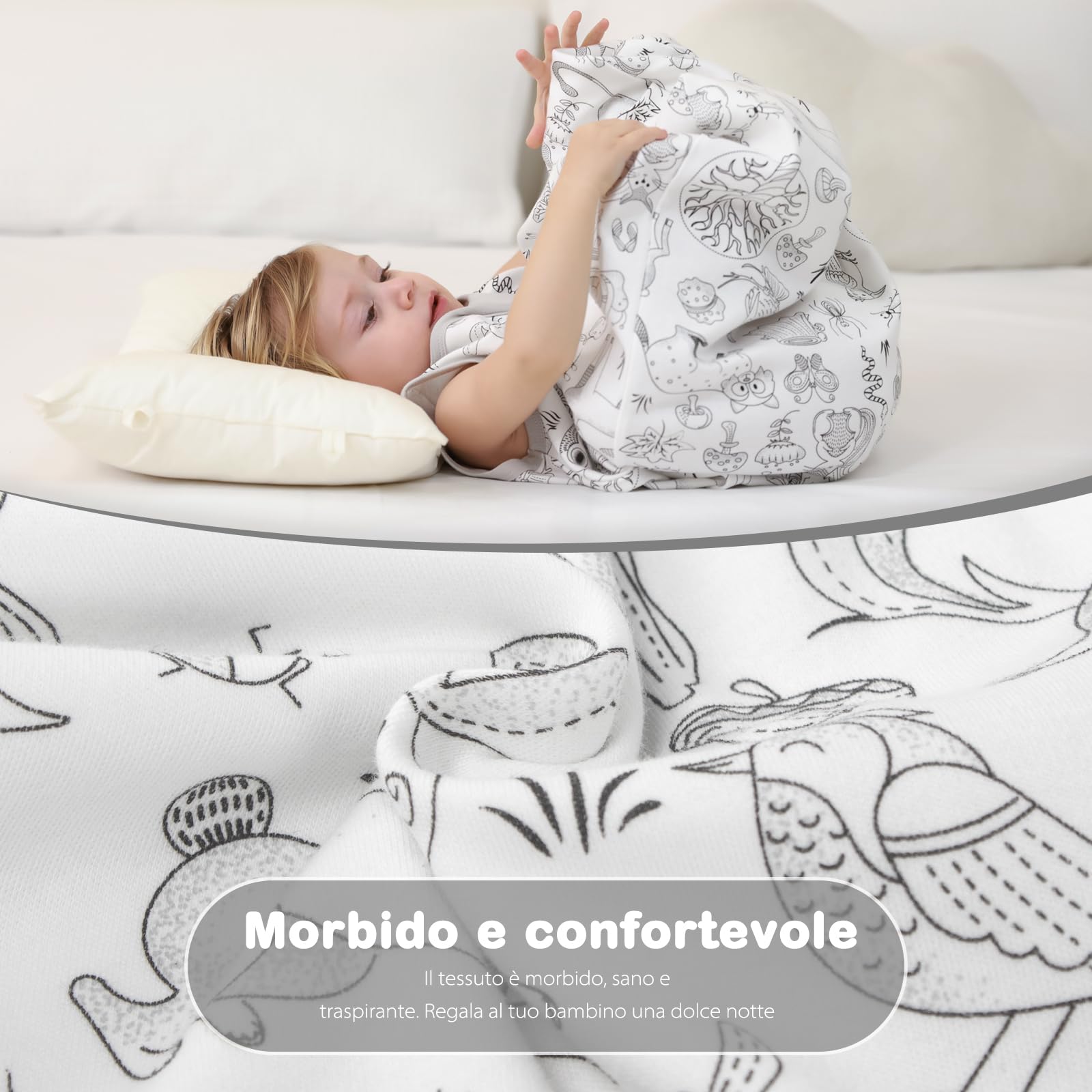 Mosebears Sacco nanna estivo per bambini, 0,5 Tog, 100% cotone, traspirante, (Confezione da 2 pezzi grigio, M (6-12 mesi)