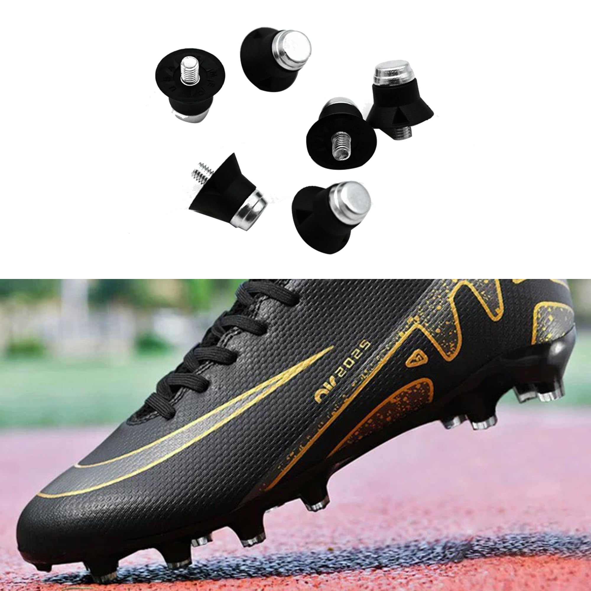 24 Stück Fußball Ersatzstollen, Schraubkappen für Fußballschuhe, Ersatzstollen Kunststoff, Ersatzstollen Fussball mit Schraubkappenschlüssel für FußBallschuhe (Schwarz + Silber)