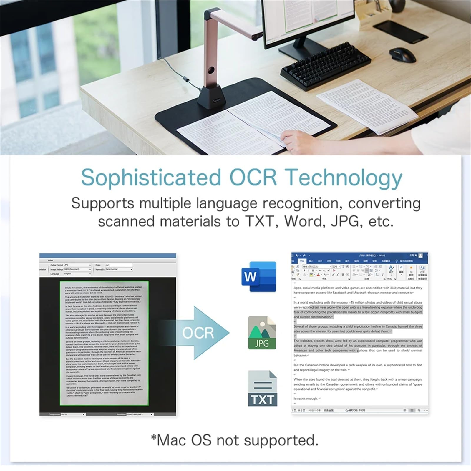 Scanner de Documents 13 mégapixels A3, OCR Haute Vitesse, 180 Langues, Portable, Source Lumineuse LED 24 Bits, Pliable, for Bureau et école