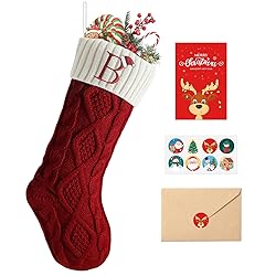 Takezuaa Christmas Stockings with Initials,Embroidered Monogram Knitted Christmas Stocking,18'' Xmas Stockings Gifts Set for Family Christmas Decoration（Red White,Letter B）