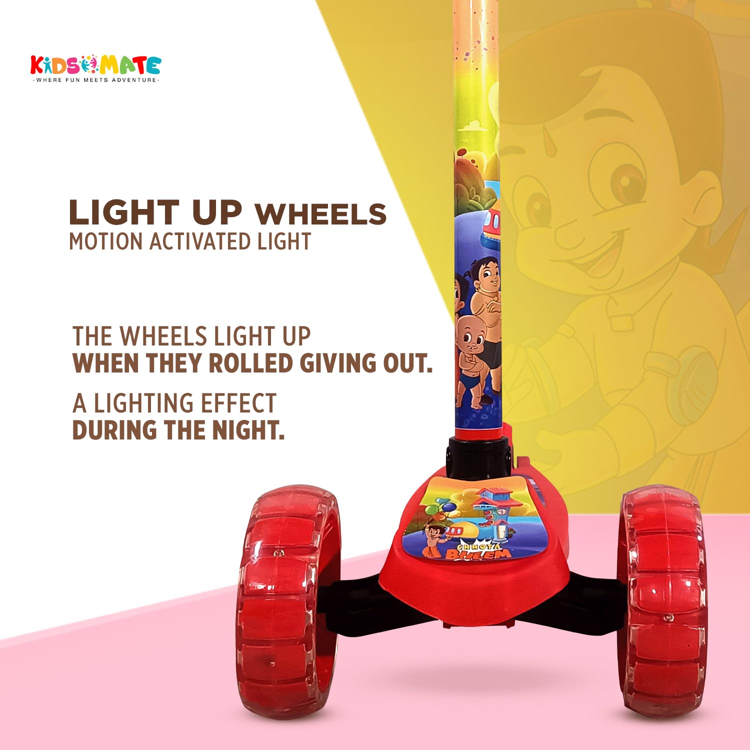 Kidsmate Chhota Bheem® Kick Scooter with Broad LED PVC Wheels | Non-Slip Wide Deck with Push Brake Kids Scooter for Age 3+ Yrs | 4-Level Height Adjustable | Max User Weight 50Kg - Red 2