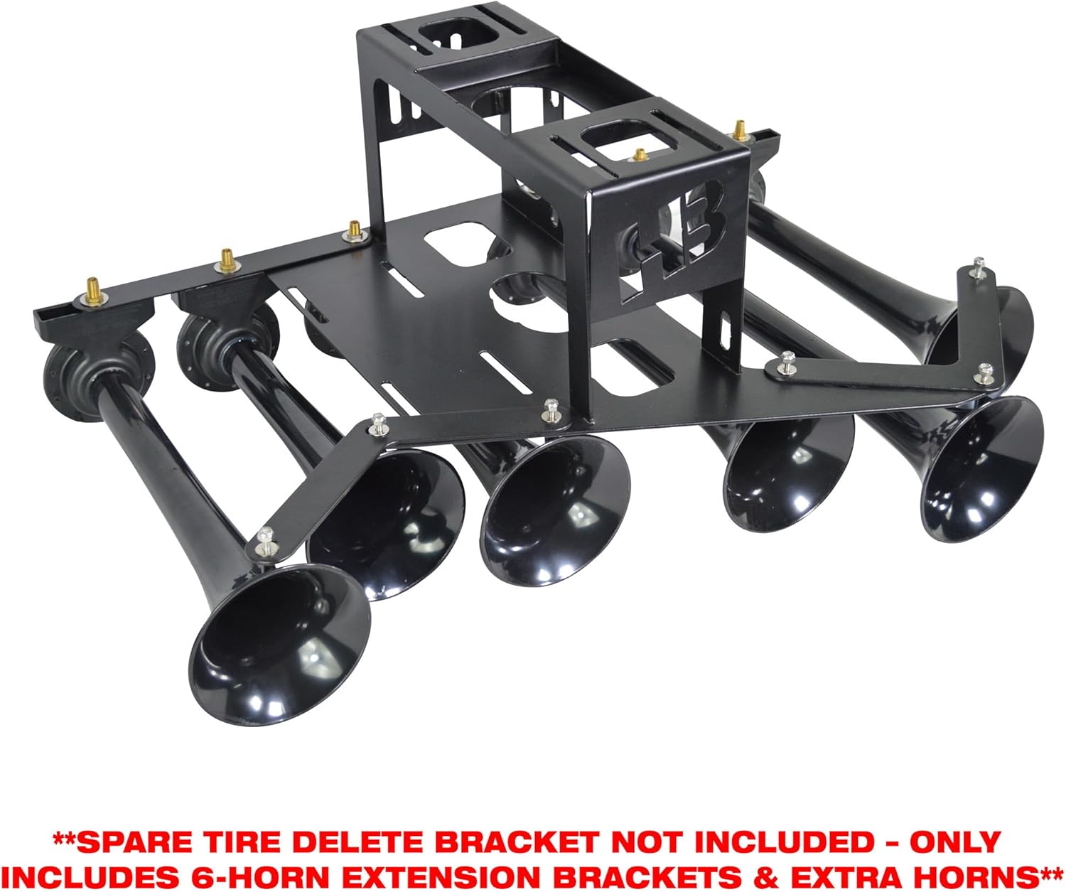 An assembled 6-horn system with the main bracket and extension brackets, viewed from a higher angle.