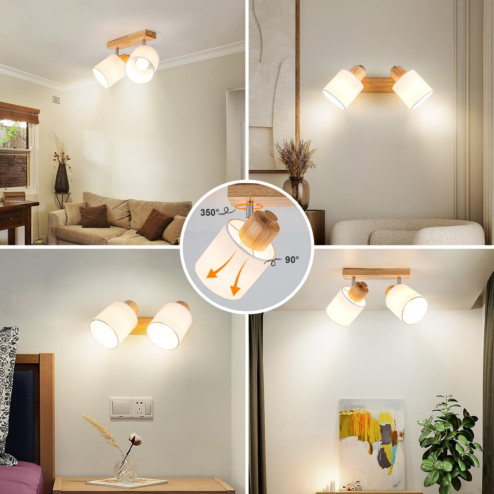 Deckenleuchte Deckenstrahler 2 Flammig Holz Vintage E14 Schwenkbar 350° MAX30W Stoff Wohnzimmer Schlafzimmer