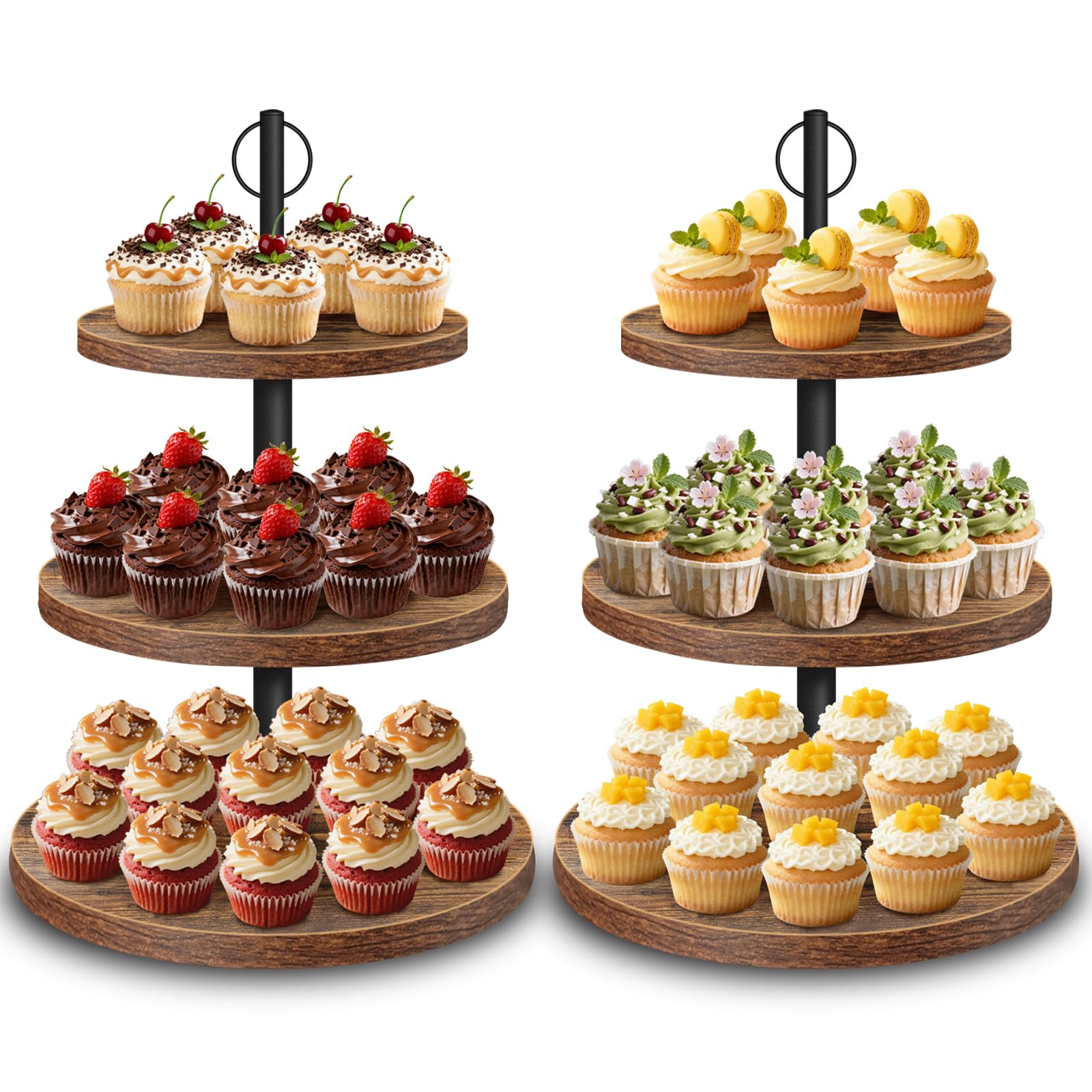 Etagere 3 ripiani in legno – Grande supporto per cupcake Ø 30/25/20 cm, supporto per torte e torte, per muffin, torte, dessert, matrimoni, feste di compleanno, baby shower, confezione da 2