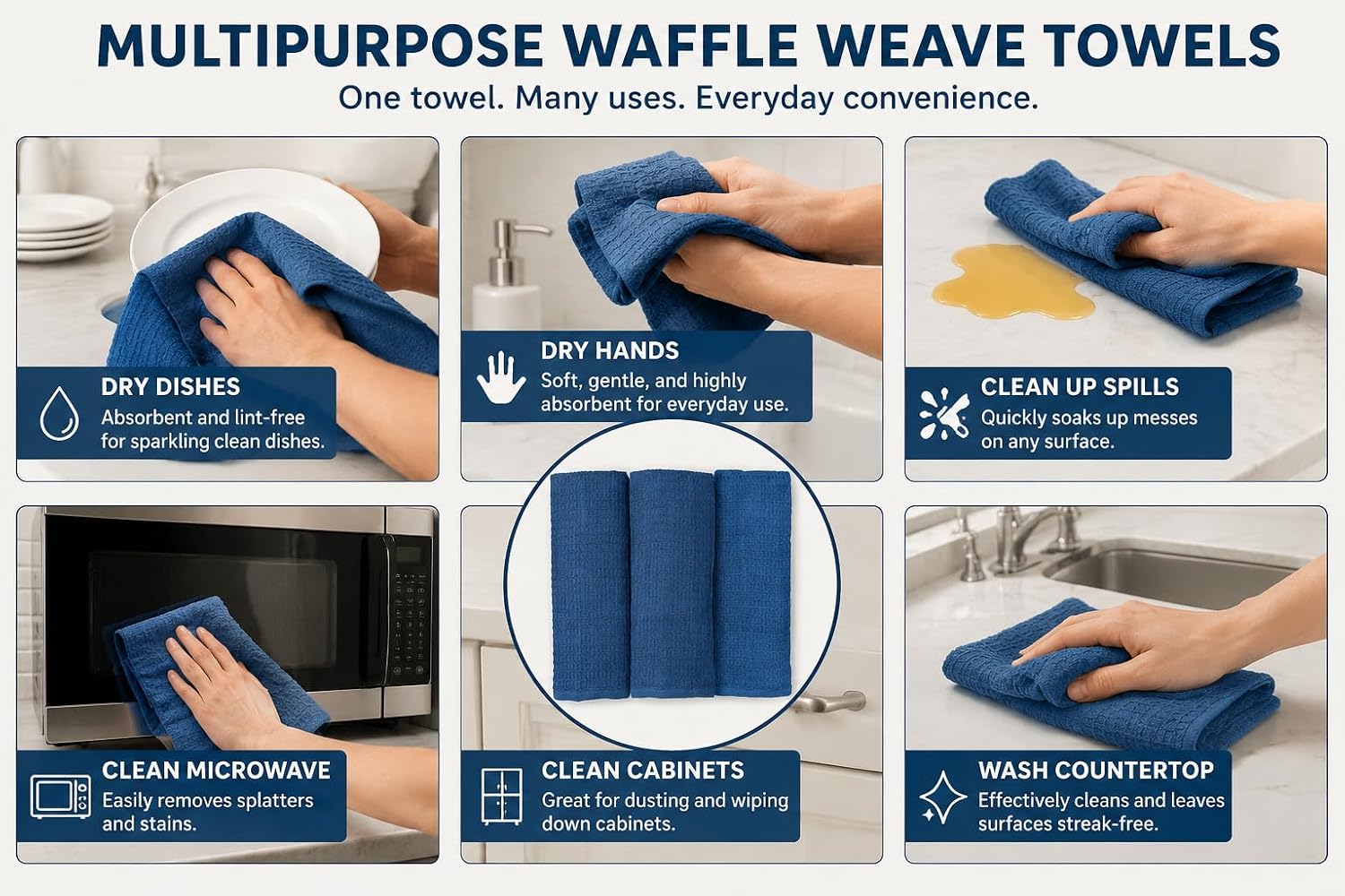 Serafina Home Waffle Blue Kitchen Dish Towels 100% Cotton Cloth Soft Cleaning Drying Absorbent Terry Box Loop: Set of 3 Multipurpose for Everyday Use, 18" x 28" (Blue Box) image 5