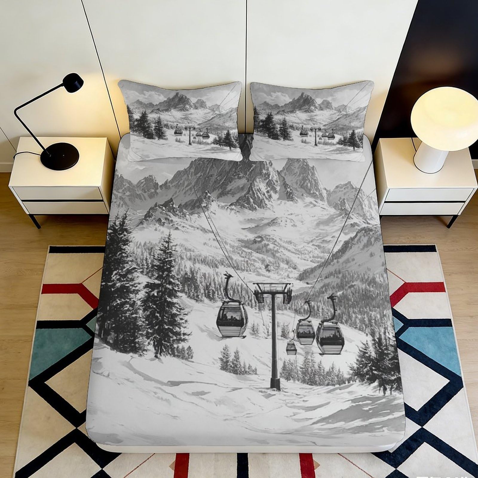 3D Printed Mountain Landscape Fitted Sheet Microfiber Soft Breathable Ski Lift Mattress Cover for Bedroom Decor 90x200x25cm