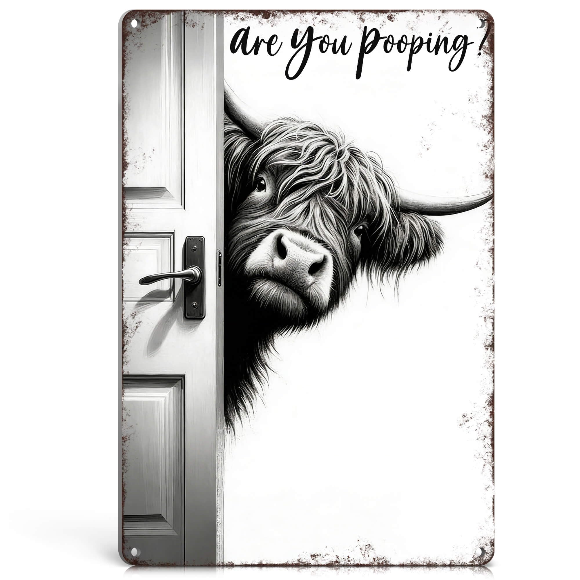 Vintage Highland Cow Decor Metal Signs - Highland Cow Gifts "Are You Pooping?" Funny Bathroom Wall Art for Scottish Highland Cow Lovers 8x12 Inch