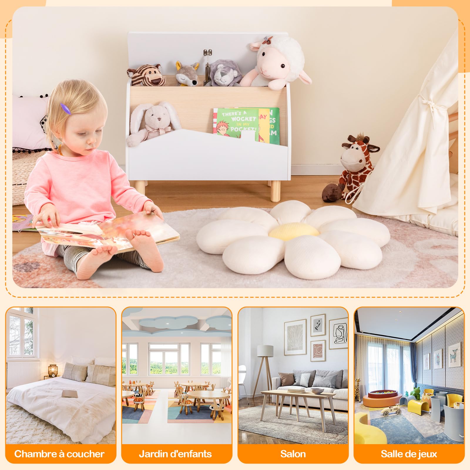 GOPLUS Coffre a Jouets Enfant, Meuble Rangement Jouets Enfant Garçons Filles, avec Pieds en Bois de Pin, Poignées et Charnière de Sécurité, Étagere de Livre pour Chambre d'Enfant (Blanc)