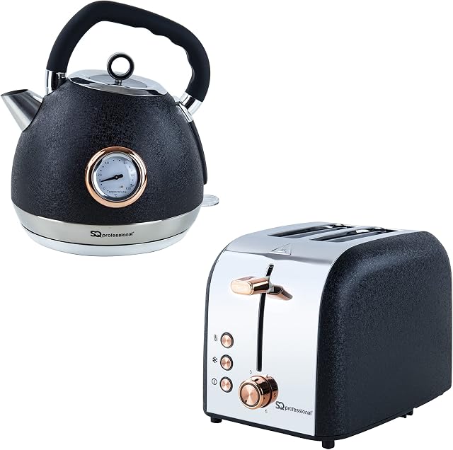 SQ Professional Epoque Breakfast Set 2pc Kettle with Rose Gold Accents & Temperature Display 2200W - 2 Slice Toaster with Rose Gold Accents, High-Lift, Wide Slots & 6 Browning Levels 900W (Black)