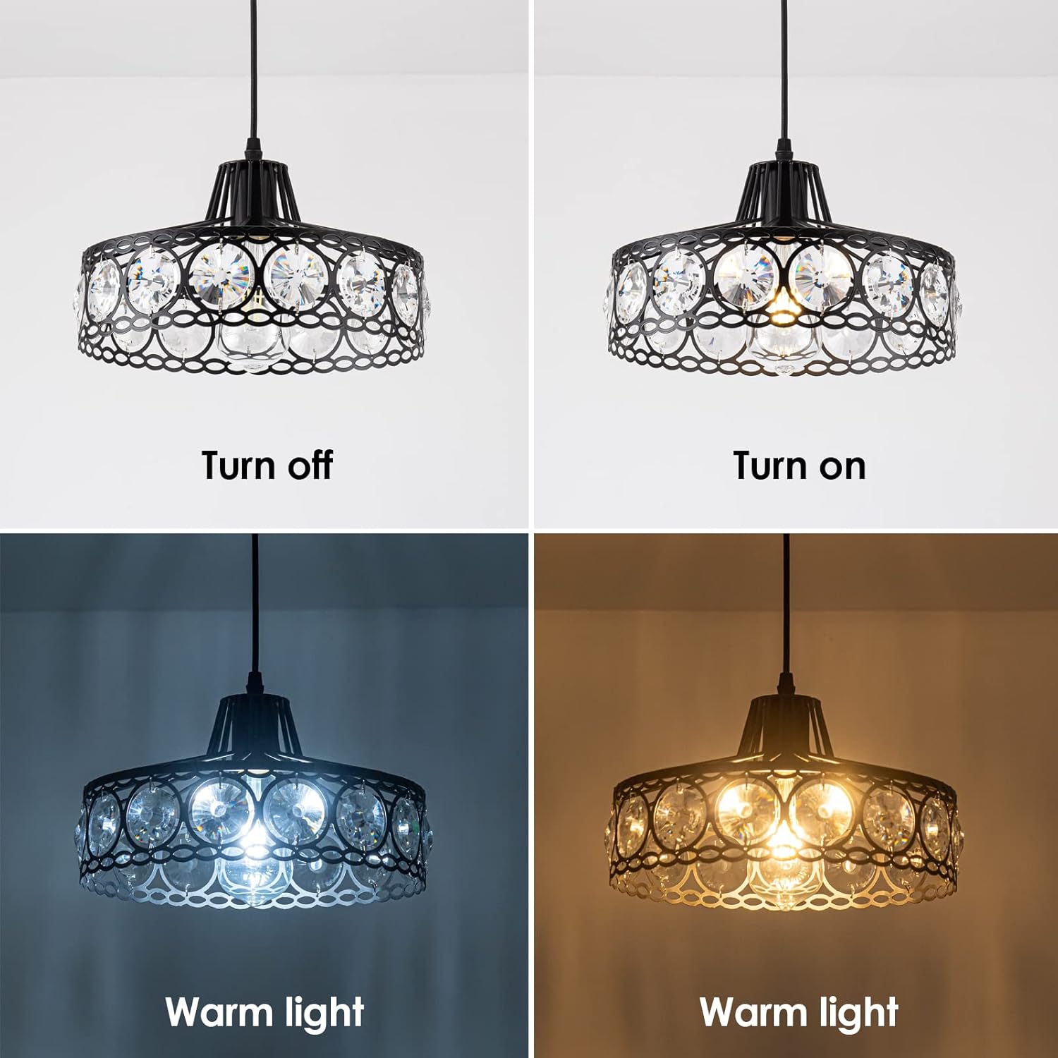 Plug in Crystal Pendant Light Black Industria Metal Chandelier Swag Light with 15Ft Cord and On/Off Switch Modern Light Fixture Hanging Lamp for Kitchen Island Dining Room Bedroom,D11.42…