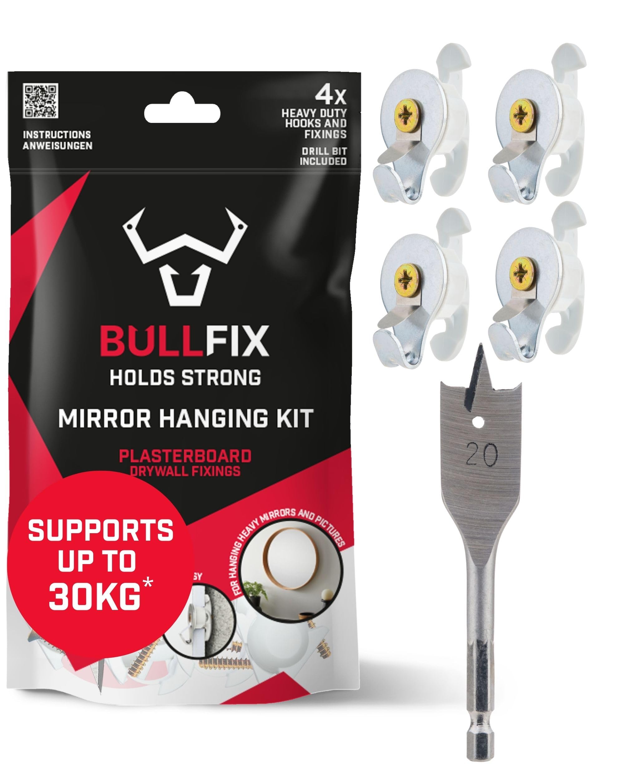 Mirror/Picture Hanging Kit - Heavy Duty Plasterboard Fixings for Pictures, Mirrors and Canvases - 4 Bullfix Universal Anchors with Collars, Hooks and a 20mm Drillbit, Picture Frame Fixings Kit