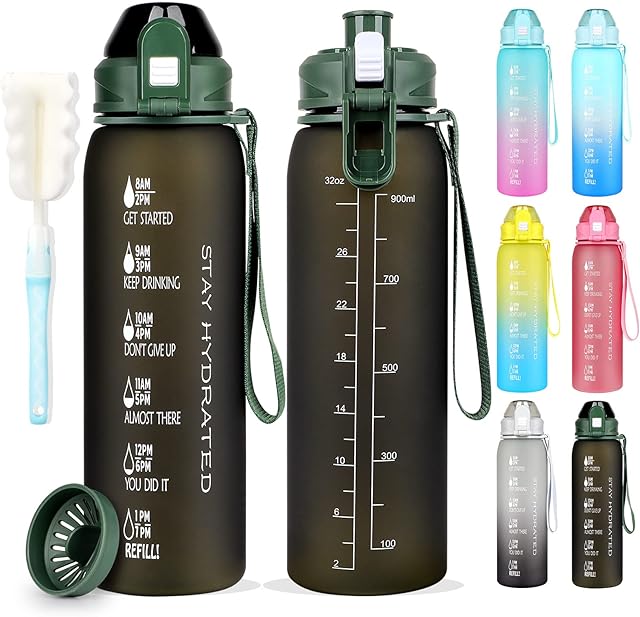 AOHAN Water Bottle 1l, Sports Water Bottle with Time Markings, BPA Free Drinks Bottle, Leakproof Motivational Water Bottle with Filter and Brush Perfect for Gym,Running,School,Cycling