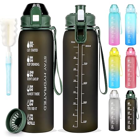 AOHAN Trinkflasche 1l Sport - Tritan BPA-Frei Mit Strohhalm & Zeitmarkierung