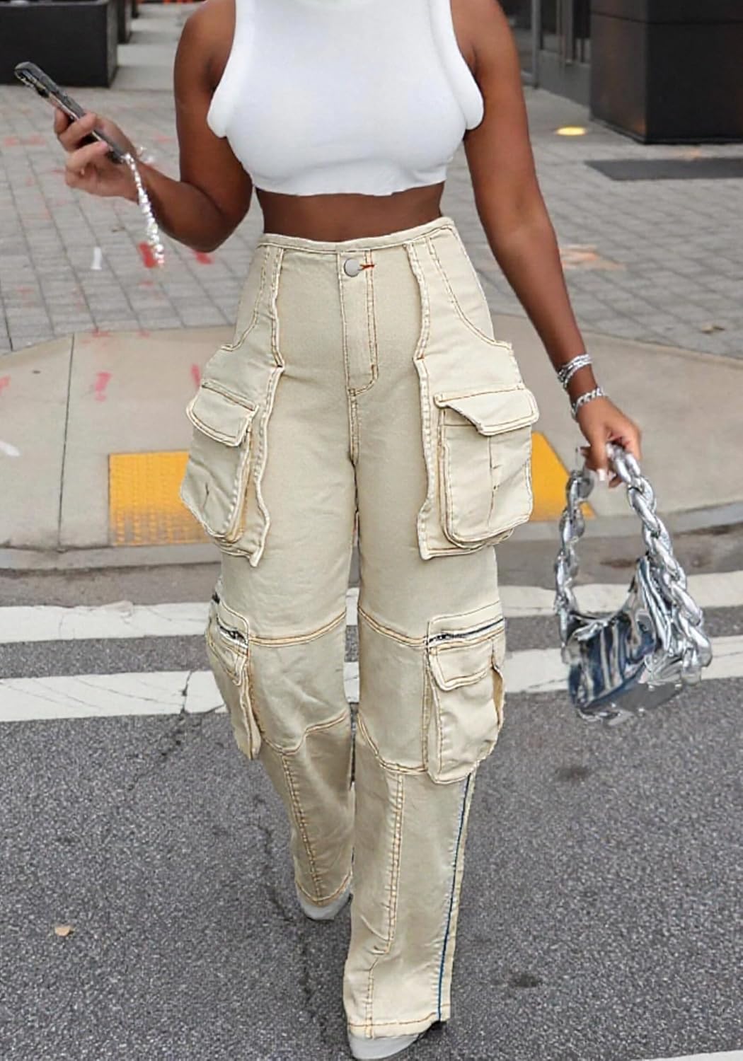 Vaceky Stretch Cargo Jeans Women Straight Leg Side Zipper Slit Denim Y2K Pants with Pockets - Image 5