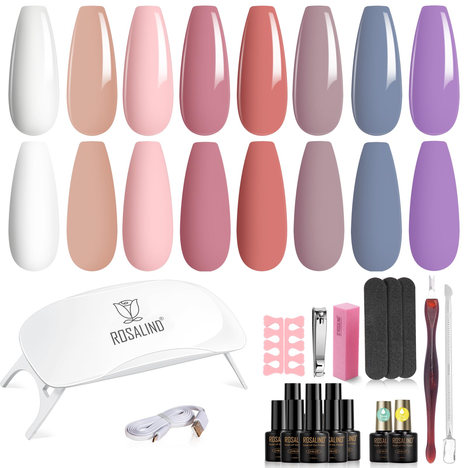 ROSALIND Zestaw Startowy do Paznokci żelowych, 8 + 2 Sztuki Biały Różowy Niebieski Fioletowy Żel z lampą UV, Startowy Zestaw Upominkowy do Manicure dla Początkujących