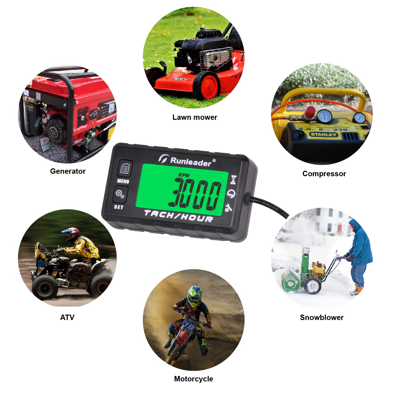 Runleader Digitaler Drehzahlmesser für kleine Motoren,Größeres LCD-Mehrfarbendisplay,RPM-Warnung,Batterie austauschbar,Anzeige mit weißer und roter Hintergrundbeleuchtung,Rasenmäher-Schneemobilen（BK）