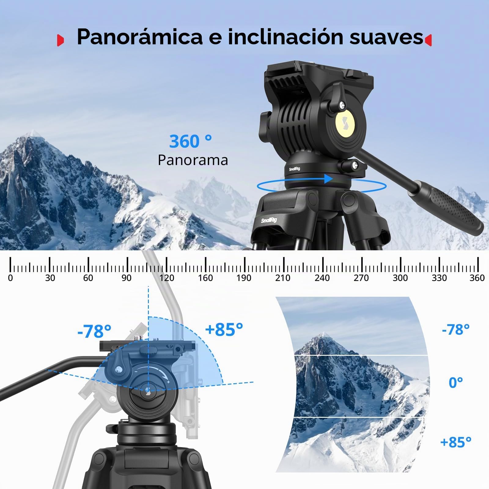 SMALLRIG Trípode Video Aluminio 186cm, Carga 8kg, Cabeza Fluida - 5440 | Trípode de viaje: Peso 3.1 kg, Altura plegado 88 cm, Altura regulable de 85 cm a 186 cm