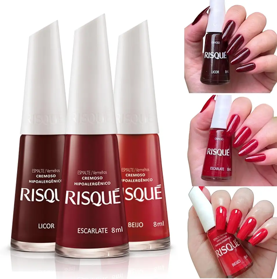 Kit 3 Esmaltes Risqué Vermelhos Licor Escarlate Beijo Cremosos 8ml