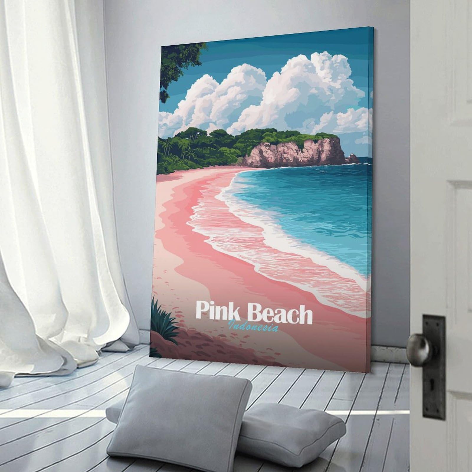 Junmoney Pink Beach Indonesia Wall Art Print, 24x36inch(60x90cm), for Study, Office Or Focused Interiors, Home Office Artwork with Decorative Appeal