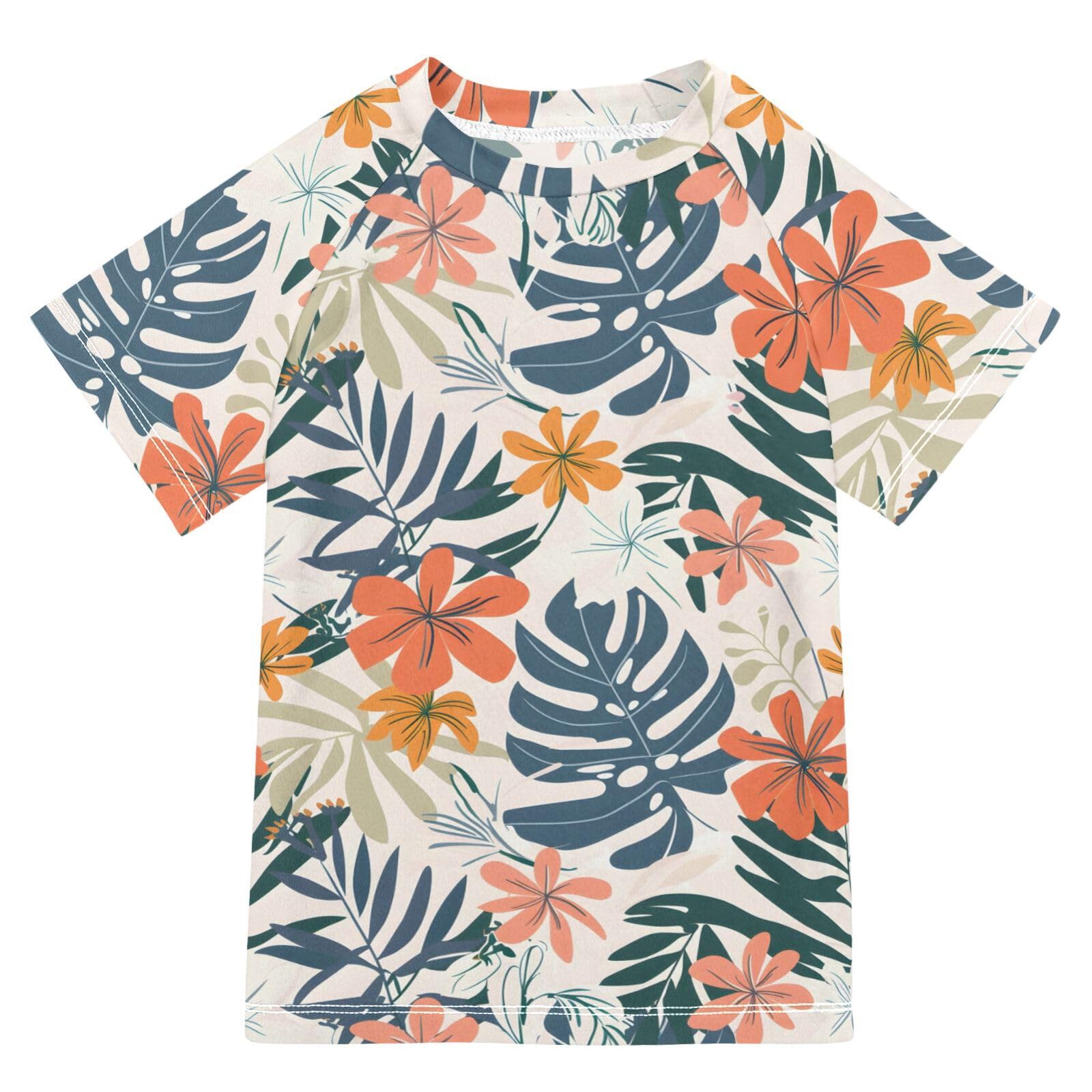 ALAZA Boys Swim Shirt Short Sleeve Rash Guard for Boys Girls UPF 50+ Floral Print 9-10T