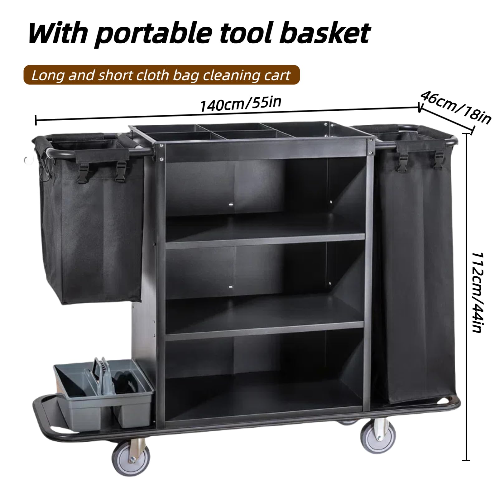 Hotel Servicewagen Multifunktional, Reinigungswagen mit Stofftasche, Mehrstufiger Lagerung, Leise Rollen, Schwarz, 55×18×44in