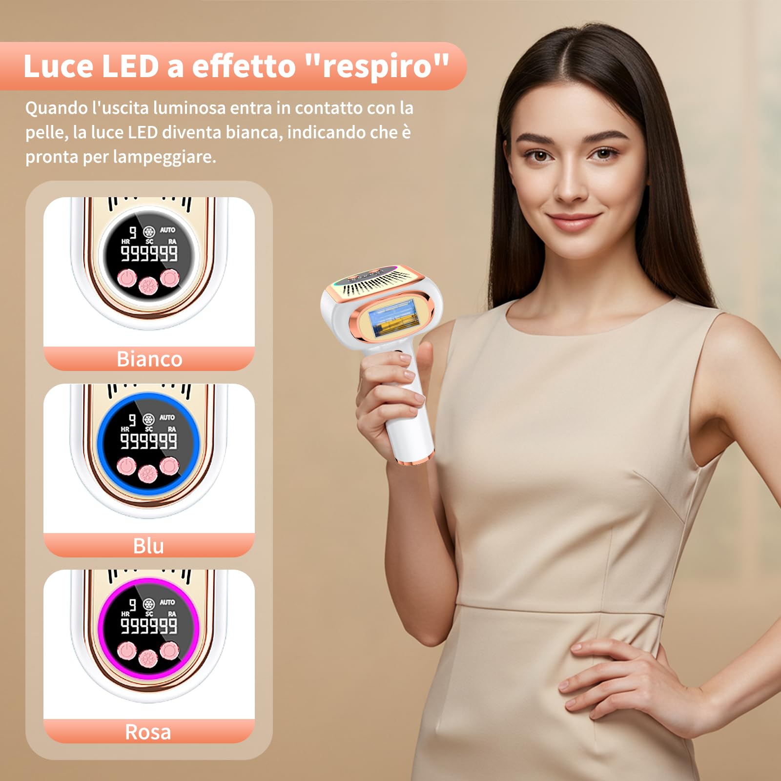 NIKYJM Epilatore Luce Pulsata con 6.8 cm² Grande Calibro, 600-1200nm Lunghezza D'onda, 3 in 1 HR/SC/RA, 9 Livelli di Energia, Epilatore a luce pulsata IPL (Oro rosa)