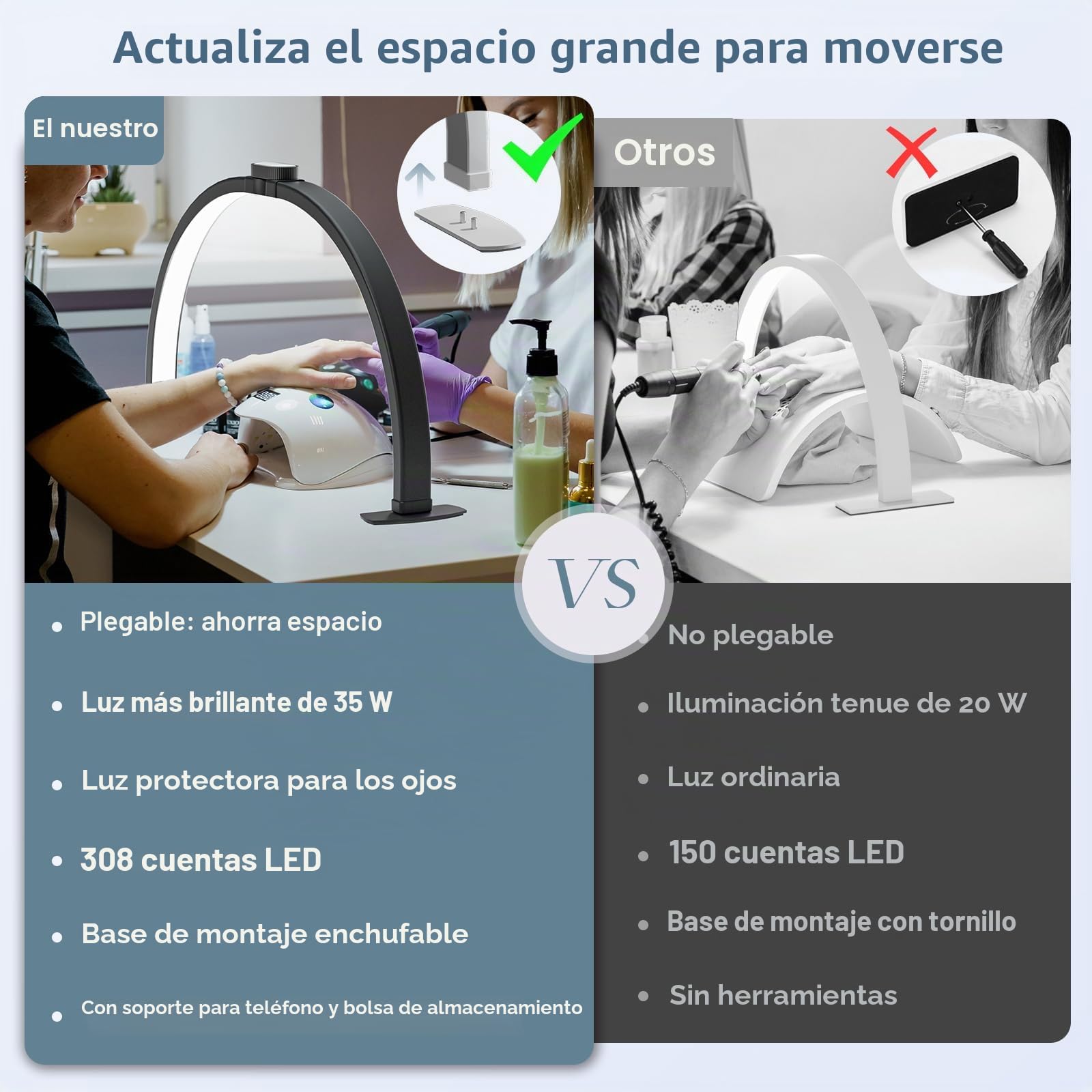 TopDirect Lampara Media Luna, 29" 42W LáMpara De Escritorio De UñAs con Soporte para Teléfono Móvil, LED Professional Nail Light Lash Light, Luz de Pestañas para SPA Facial Manicura (Negro,73cm)