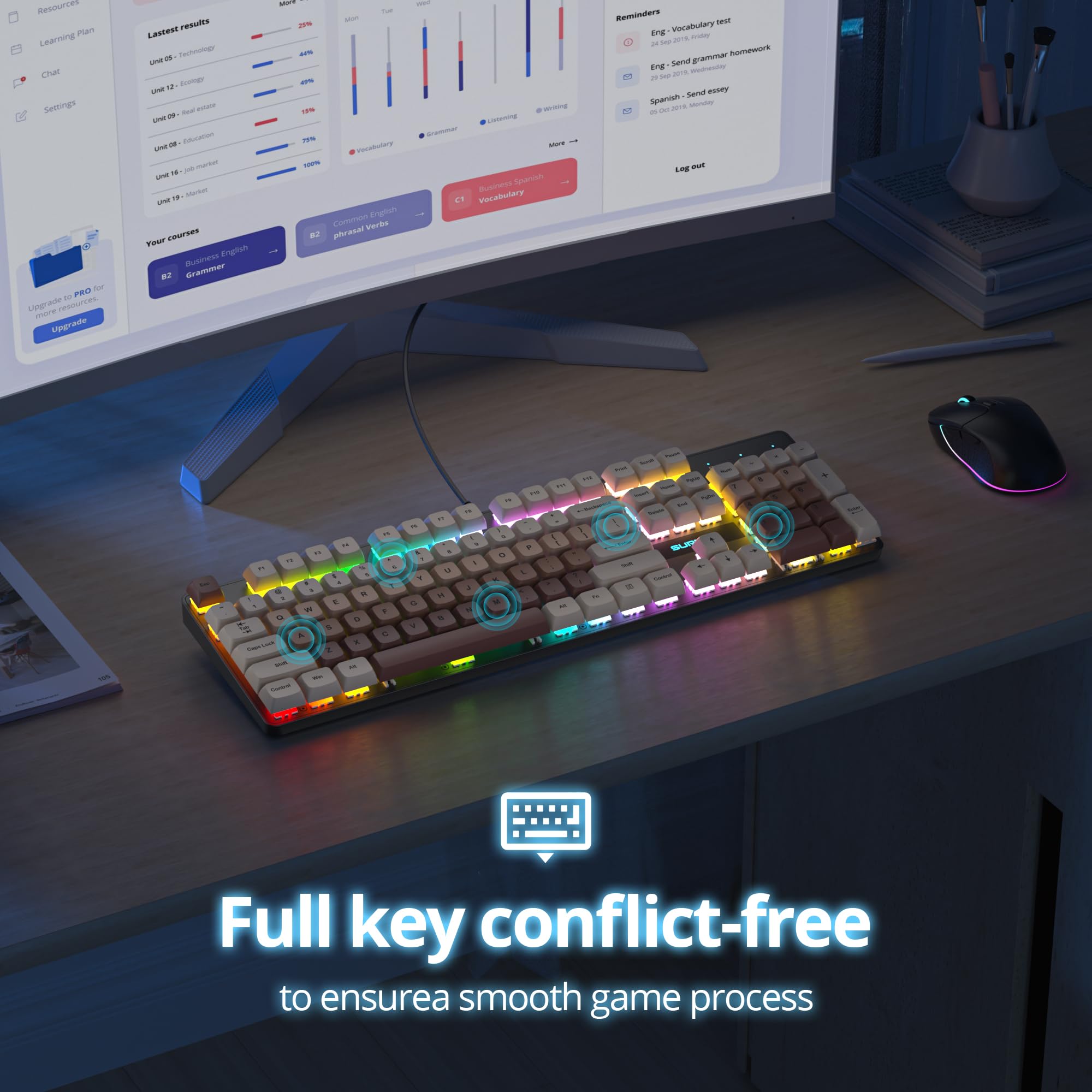 V200 pełnowymiarowa klawiatura mechaniczna, 104 klawisze, przewodowa, podświetlana USB RGB klawiatura do gier z czerwonymi przełącznikami, pełna ochrona przed zjawiskami, amerykańska QWERTY