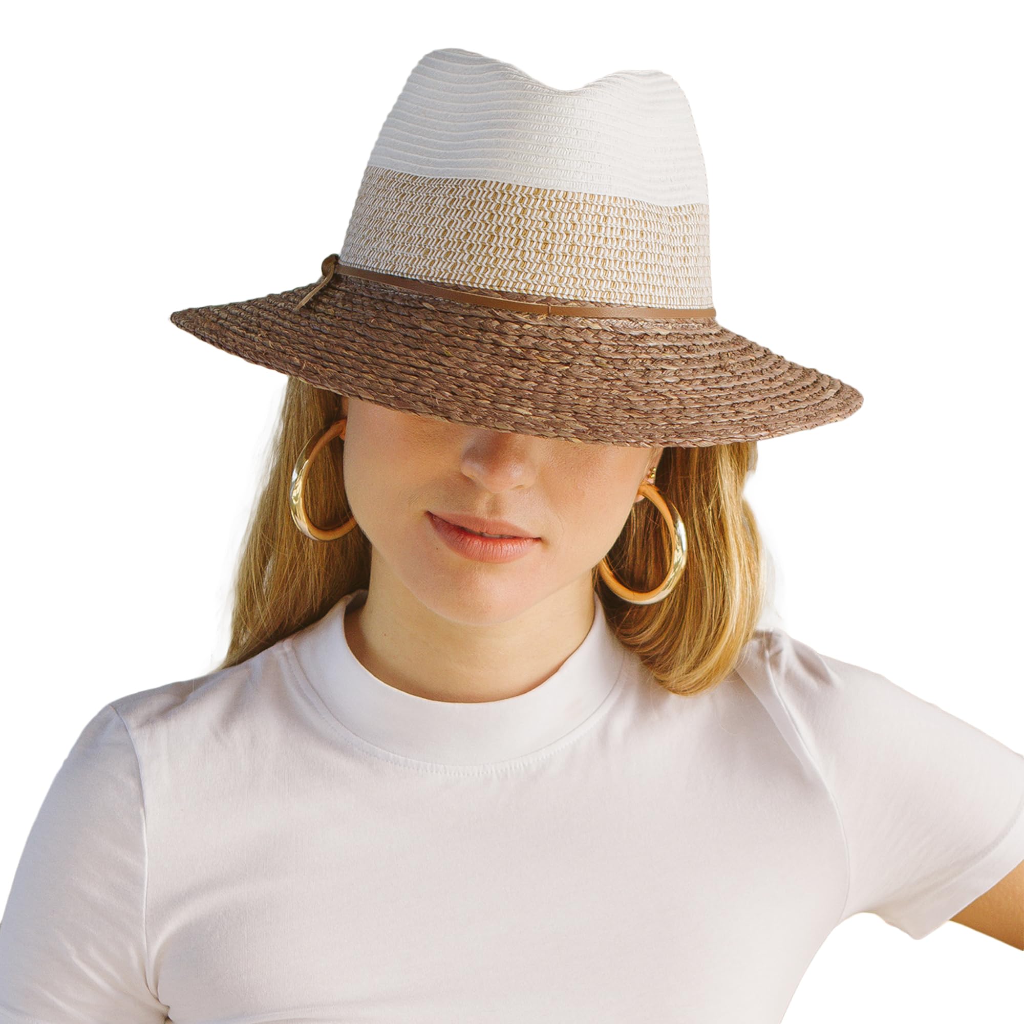 Tina Fedora Femme Chapeau de Soleil Élégant Raffia Fibre Naturelles Anti UV M/58cm Taille Régable