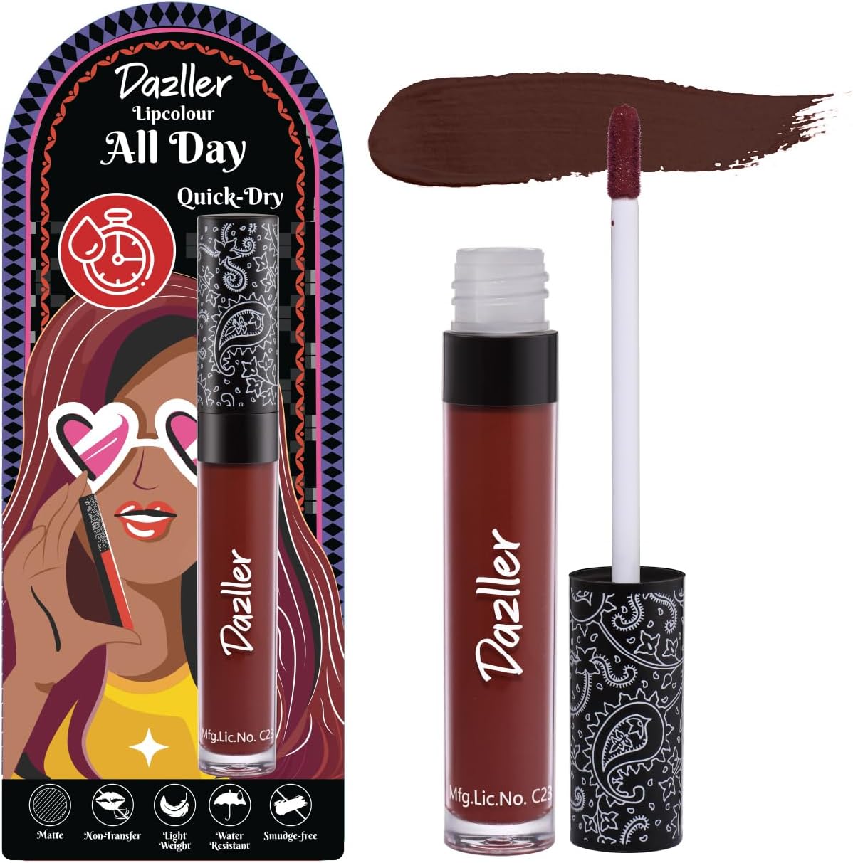 Dazller All Day Lipcolour | Ultra-intense matte | Light-weight | Liquid Lipstick for Women | Smudge-proof + Non-transfer | Up to 8hr stay | DLC034 Avelana - 6g