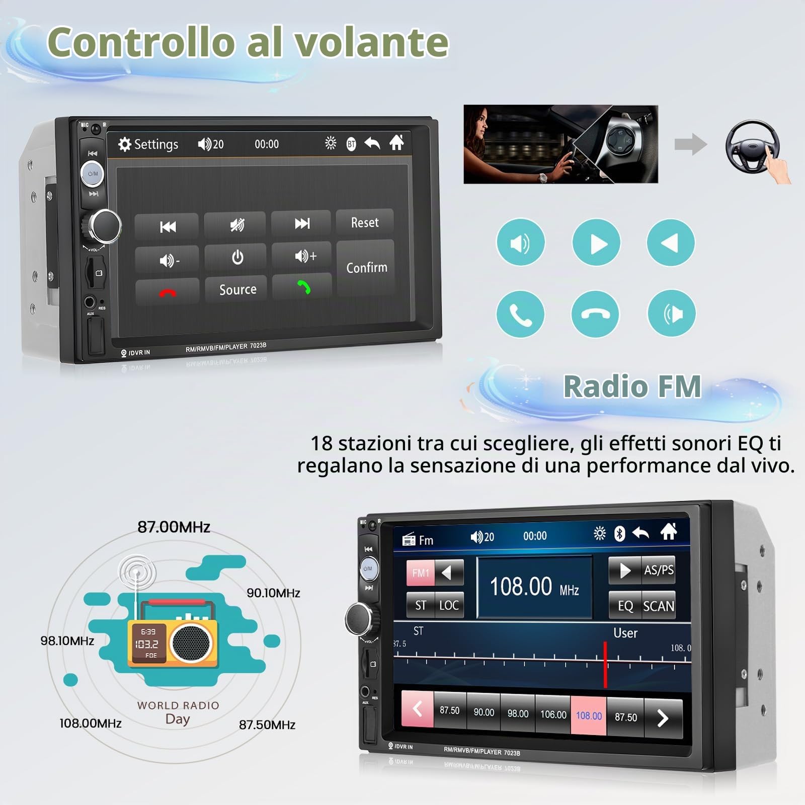 Hikity Autoradio 2 Din con Schermo da 7 Pollici Touchscreen Stereo Auto Bluetooth con Mirror Link per iOS/Android Doppio Din Car Radio con AUX TF SWC FM Retrocamera + Telaio