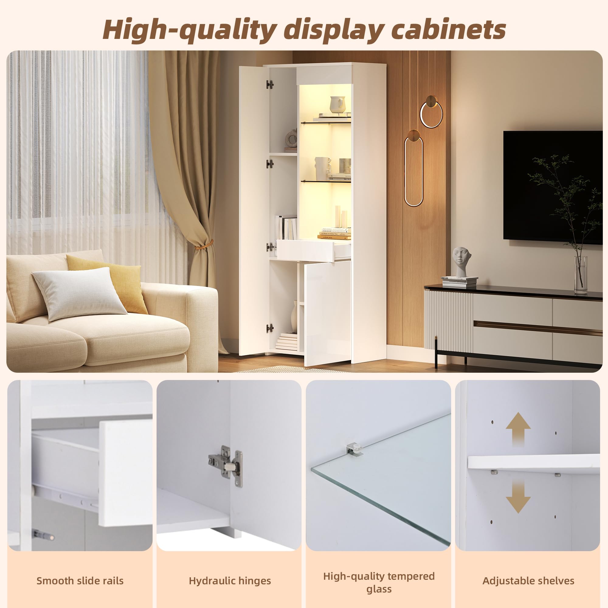 Vitrina blanca brillante con LED – 70 x 35 x 180 cm – Moderna vitrina de cristal con cajón – vitrina de pie y tablero alto para salón – Armario alto con compartimentos abiertos