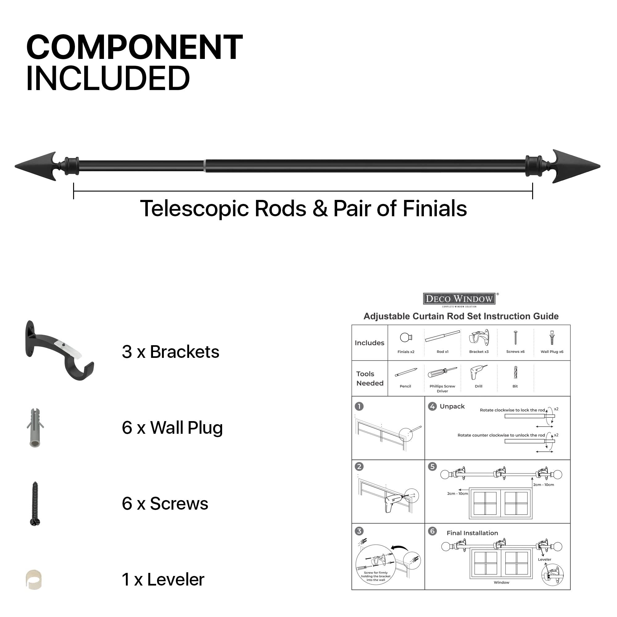 Deco Essential Asta Per Tende Telescopica In Acciaio 3/4 Di Pollice: Regolabile Da 91 A 168 Cm, Con Finali In Legno E Staffe - Marrone