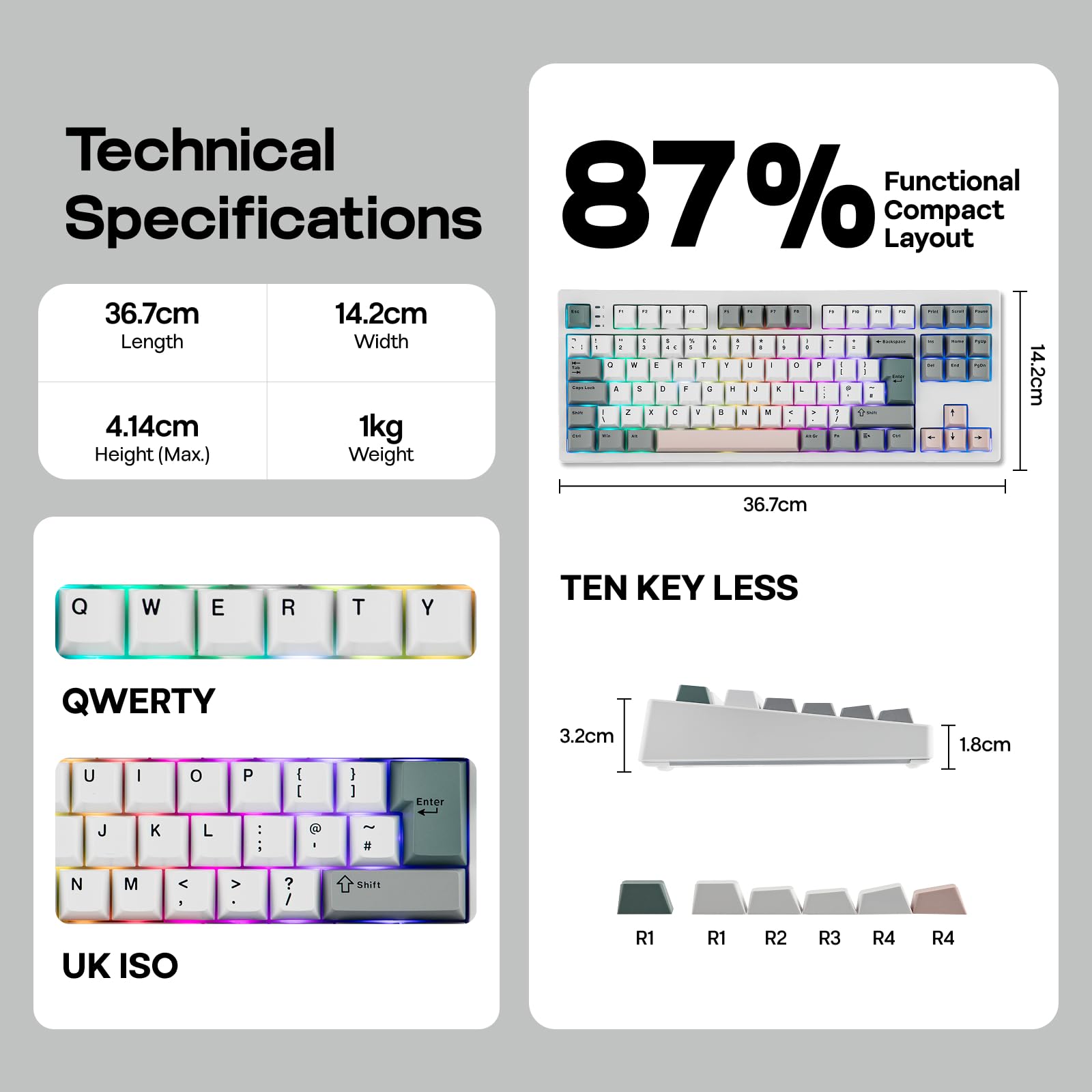 EPOMAKER TH87 Wireless Mechanical Keyboard with 10000mAh Battery, BT/2.4GHz/Wired, Hot Swap, PBT Keycap, RGB Backlit, TKL Gaming Keyboard, UK ISO Layout (White, Creamy Jade) — view 8