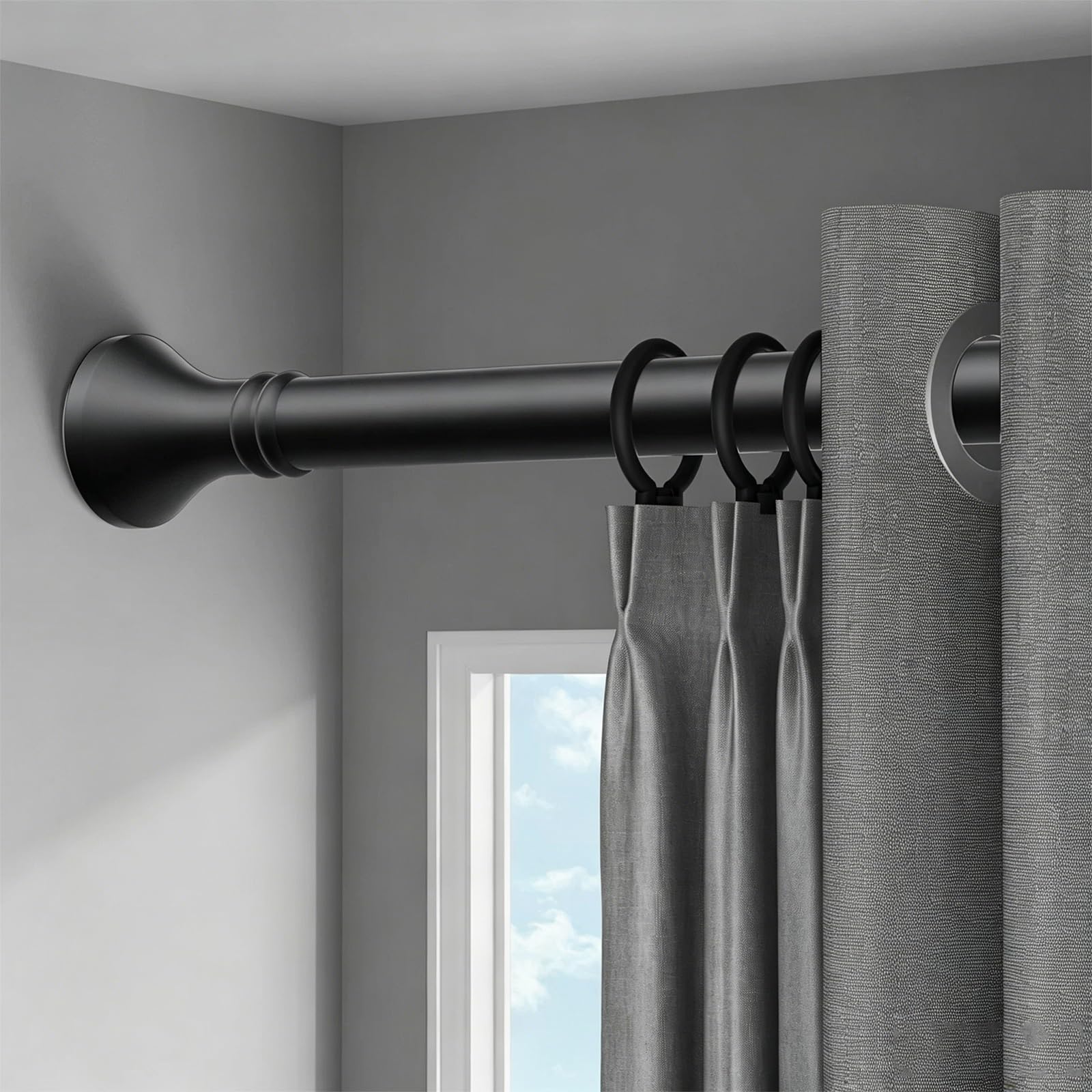 Stainless Steel Tension Curtain Rod with 10 Rings Adjustable 16-197in Rustproof Shower Curtain Rod No Drilling for Bathroom Bedroom Kitchen Windows(Black,210-300cm/83-118in)