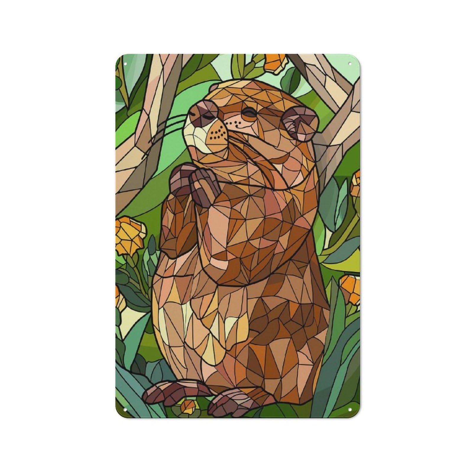 Junmoney Style-12 Vintage Stained Glass Groundhog In Nature Metal Plaque 30X20cm, Diner Style Decor For Bakery, Diner, Cafe Or Family Room