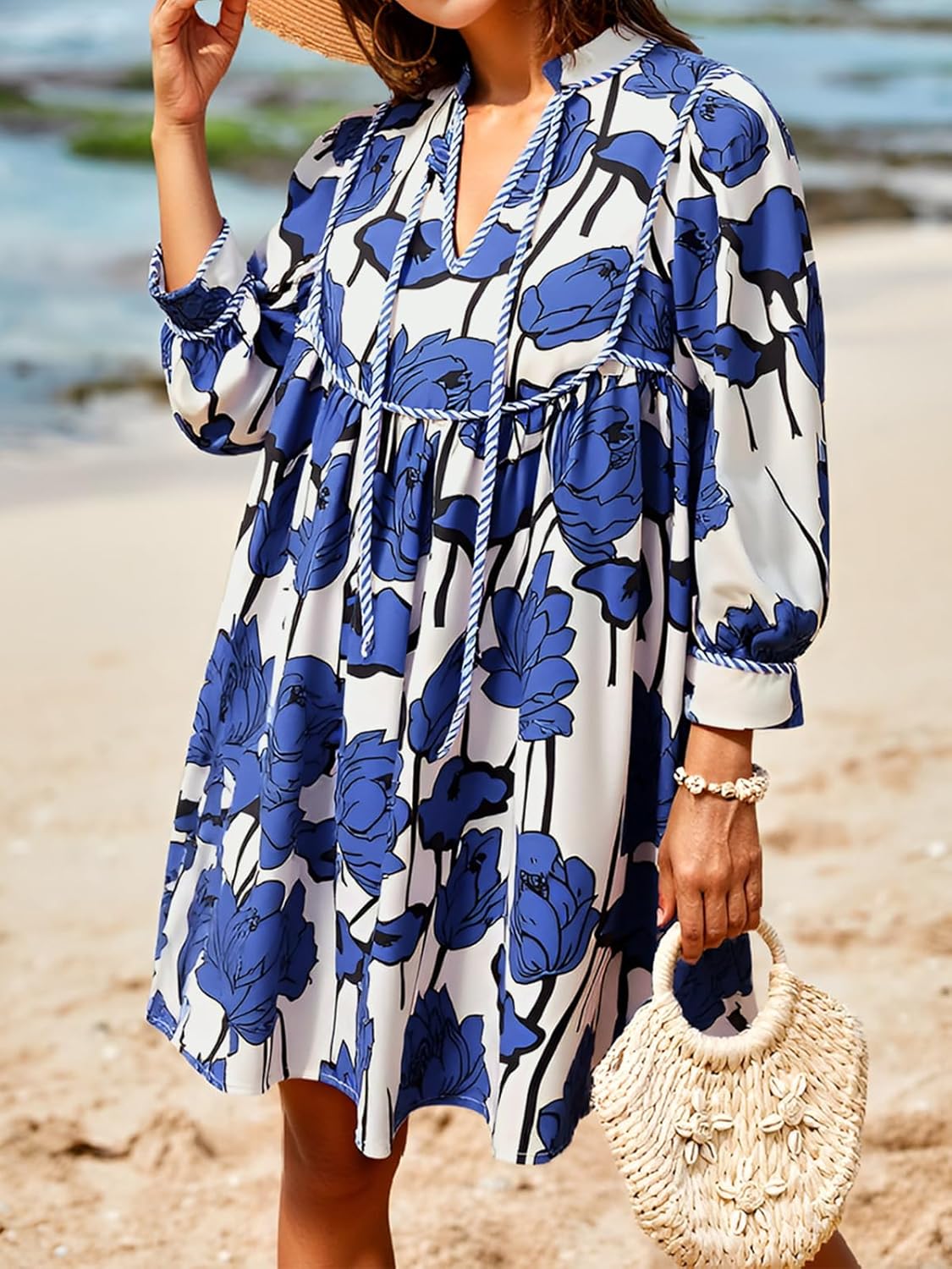 Cicy Bell Womens Floral Mini Dresses 3/4 Balloon Sleeve V Neck Flowy Babydoll Dress Summer Beach Vacation Boho Outfits Navy - Image 3